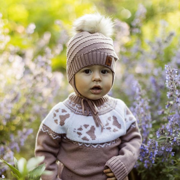 Hovedbilde Ull lue Mutton i merinoull, med pelsdusk, støvrosa